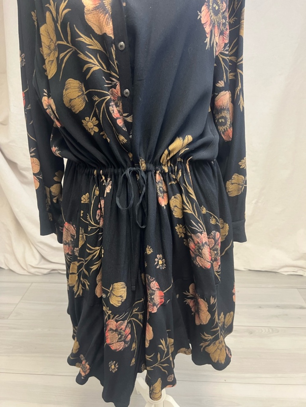 Free People Black Floral Drawstring Mini Dress Sz SP Boho Festival Romantic Goth - Picture 3 of 9